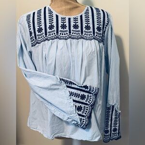 Crown & Ivy Navy, White and Light Blue Embroidered LS Blouse, Small… Worn Once!